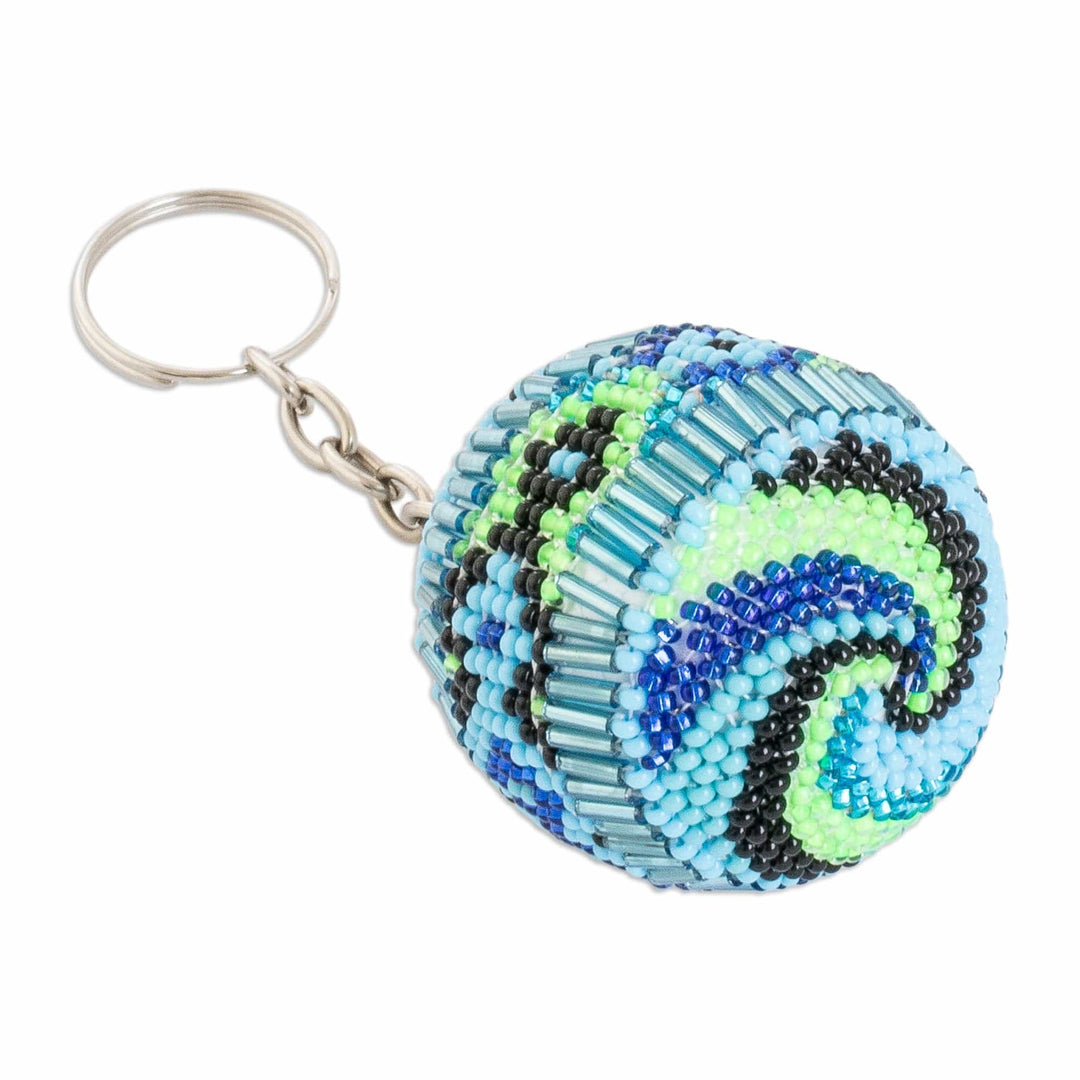 Handmade Beaded Keychain and Bag Charm in Blue Green & Black - Blue Sphere