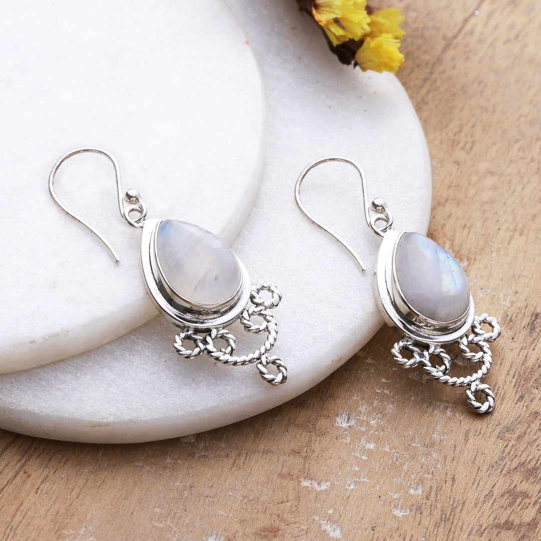 Polished Rainbow Moonstone Dangle Earrings from India - Misty Princess
