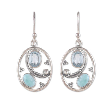 Oval Dangle Earrings with Blue Topaz and Larimar Gems - Heaven's Mirror