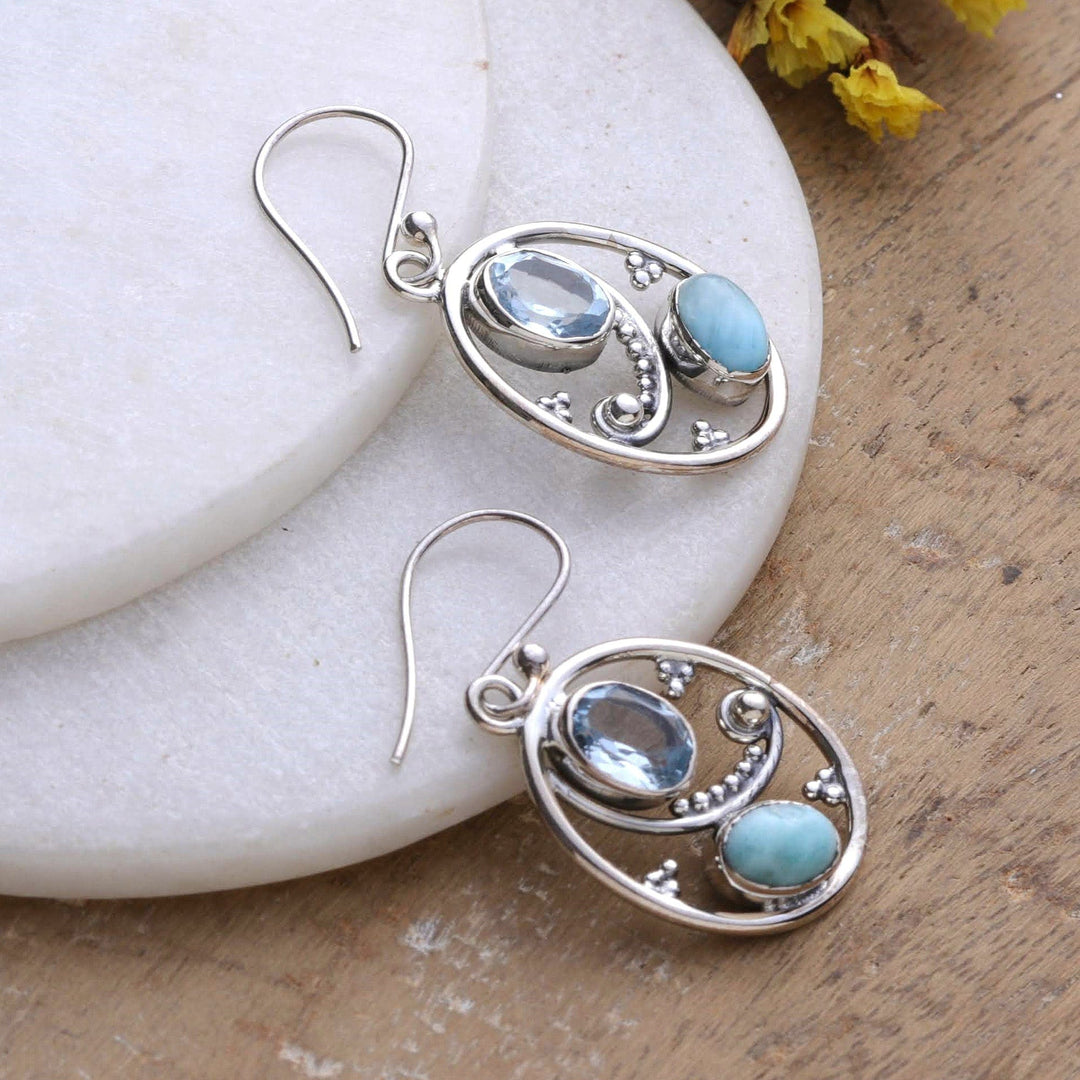 Oval Dangle Earrings with Blue Topaz and Larimar Gems - Heaven's Mirror