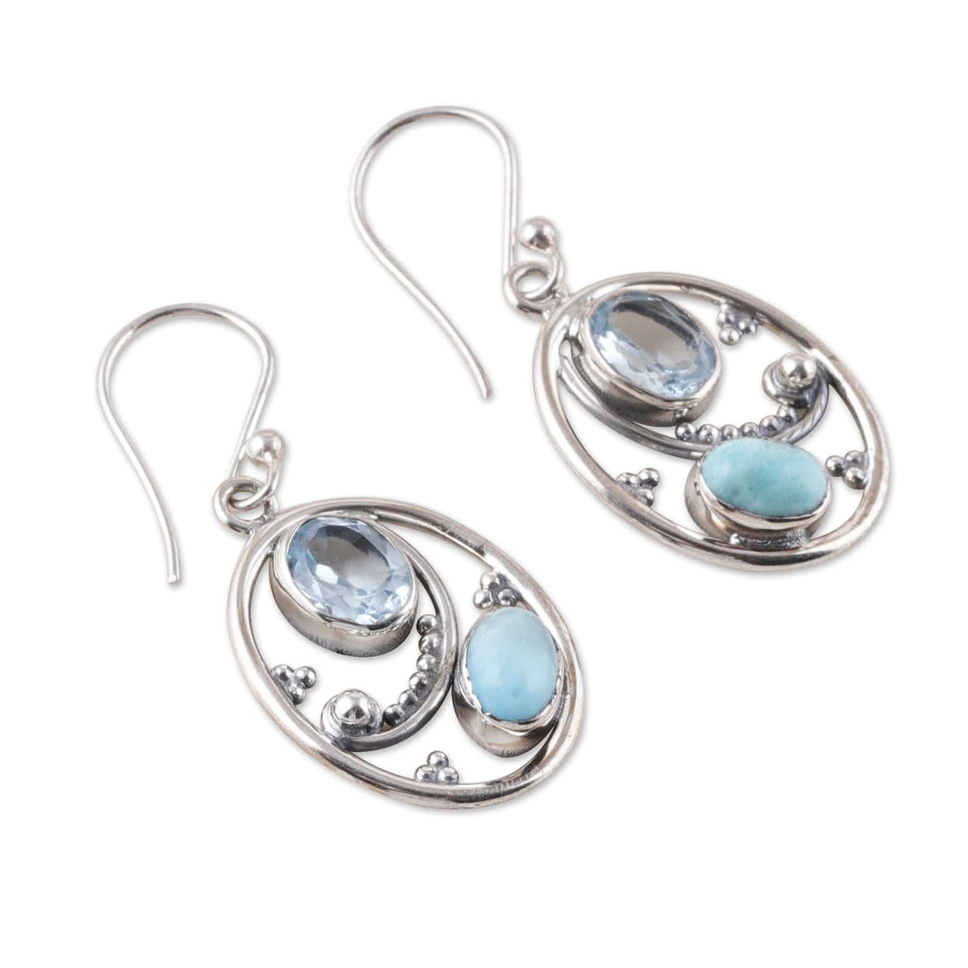Oval Dangle Earrings with Blue Topaz and Larimar Gems - Heaven's Mirror