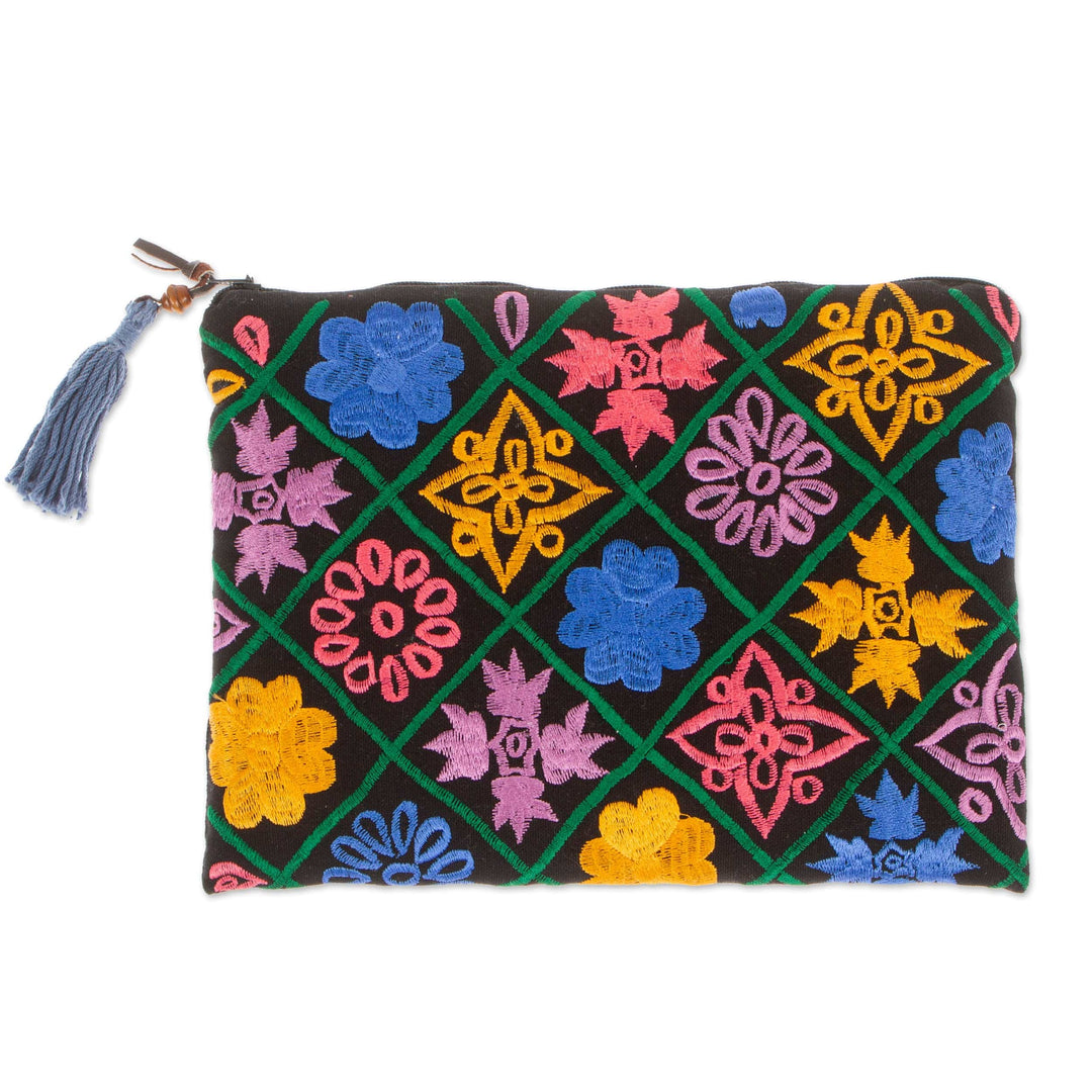 Silk-Embroidered Floral Satin Cosmetic Bag in Black - Glimmers From the Night