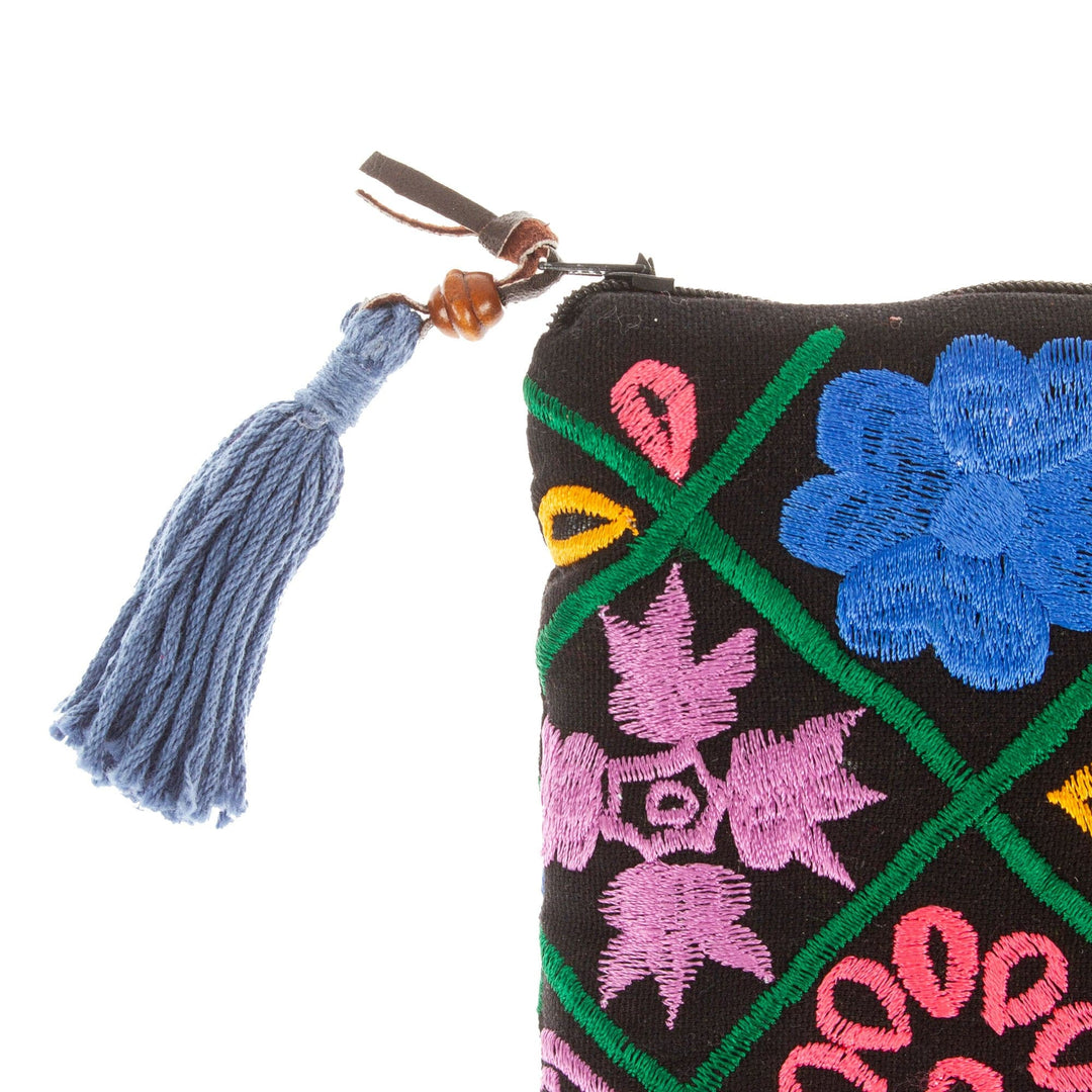 Silk-Embroidered Floral Satin Cosmetic Bag in Black - Glimmers From the Night