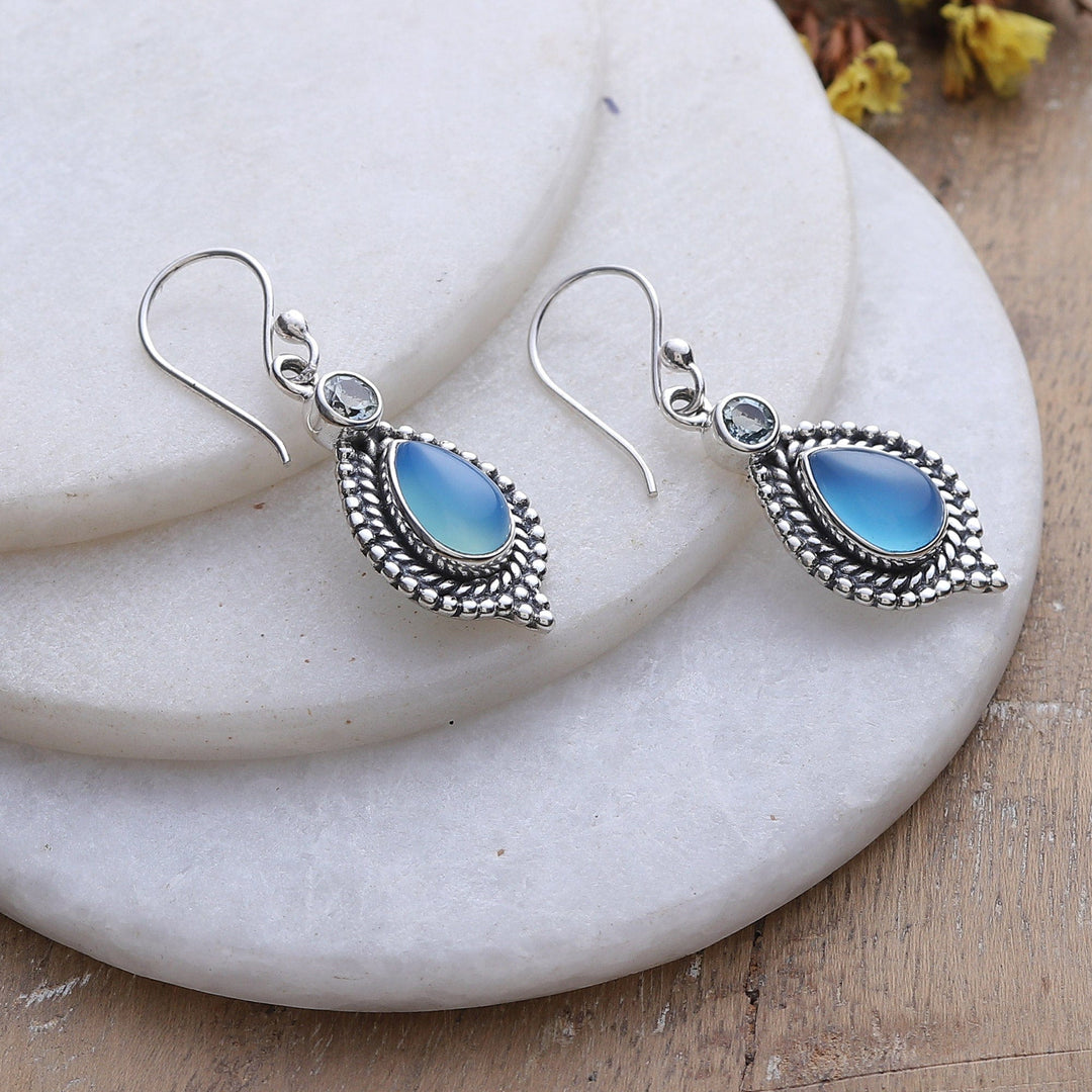Chalcedony Cabochon and Blue Topaz Dangle Earrings - Heaven's Triumph