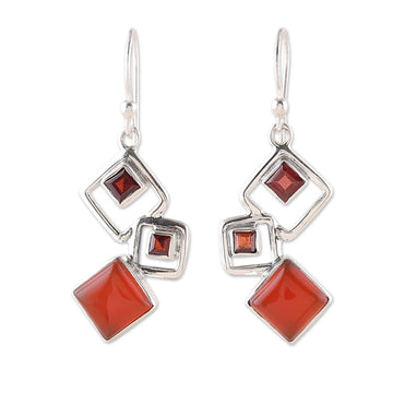 Geometric Natural Garnet and Carnelian Dangle Earrings - Nouvelle Red