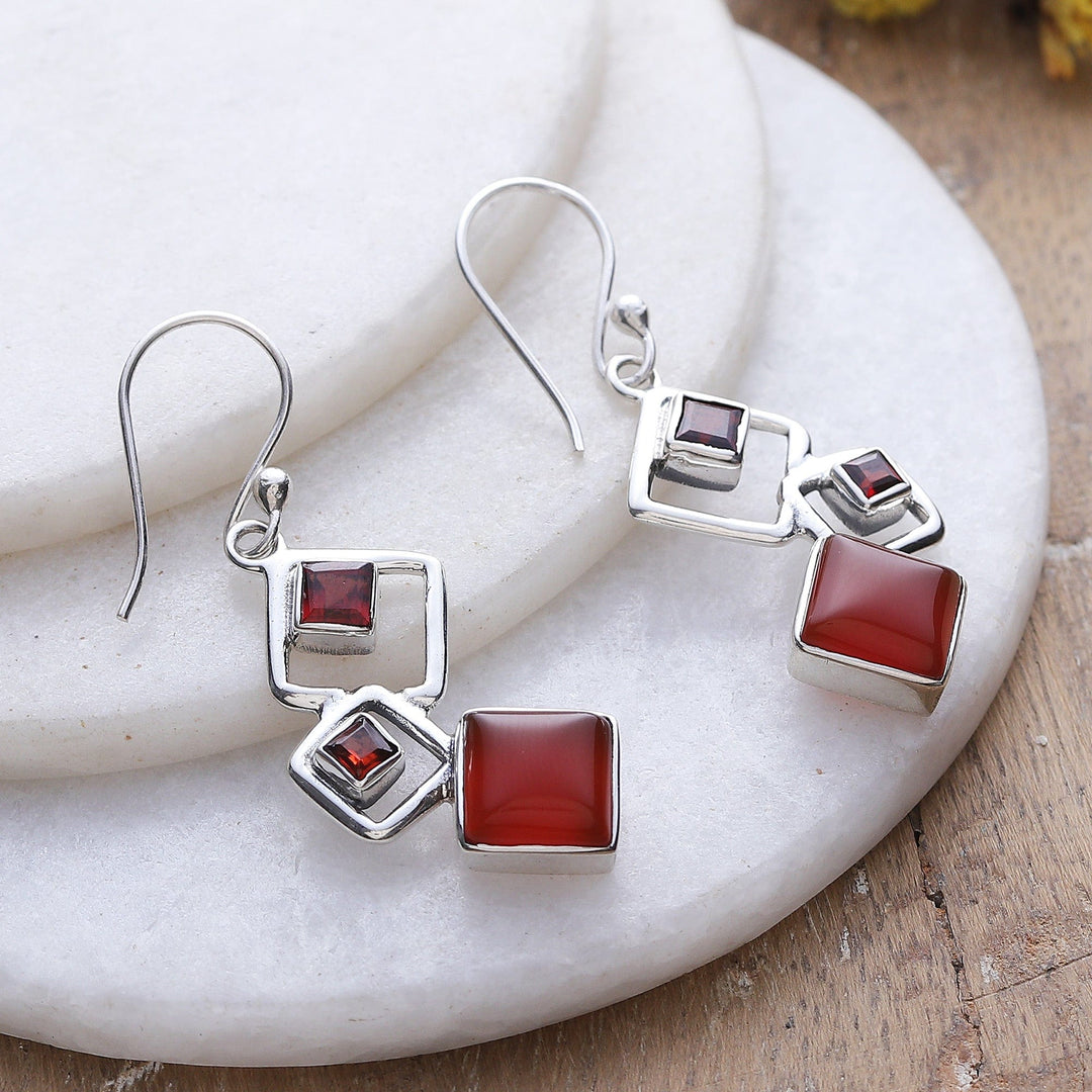Geometric Natural Garnet and Carnelian Dangle Earrings - Nouvelle Red