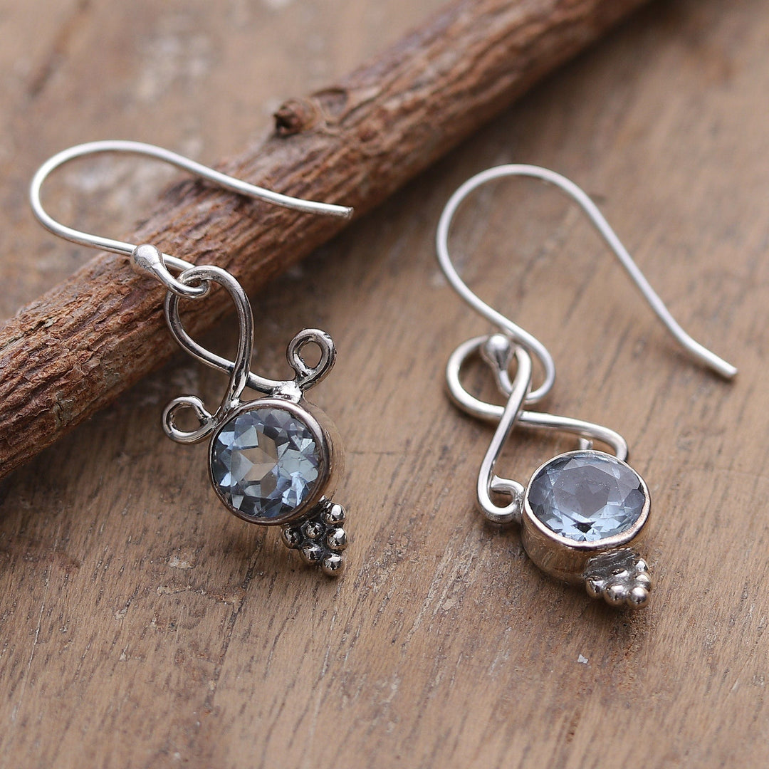 Three-Carat Faceted Round Blue Topaz Dangle Earrings - Loyal Reflection