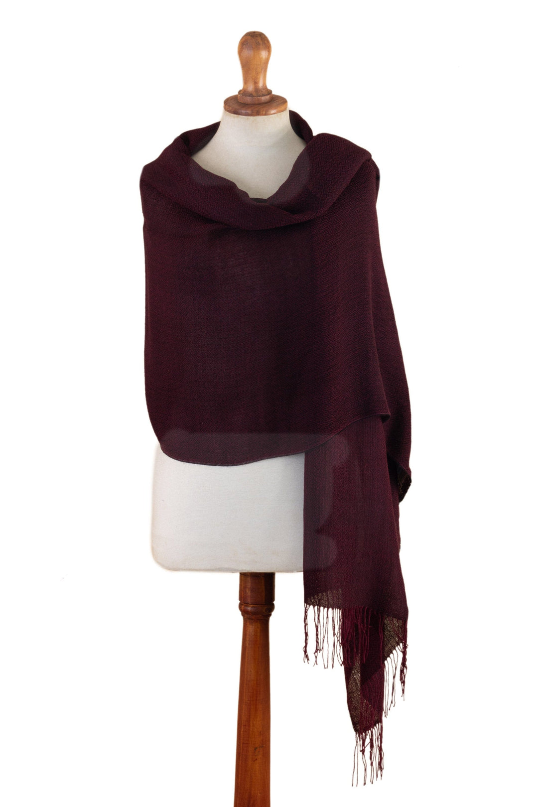 Handwoven Geometric 100% Alpaca Shawl with Fringes - Burgundy Diamonds
