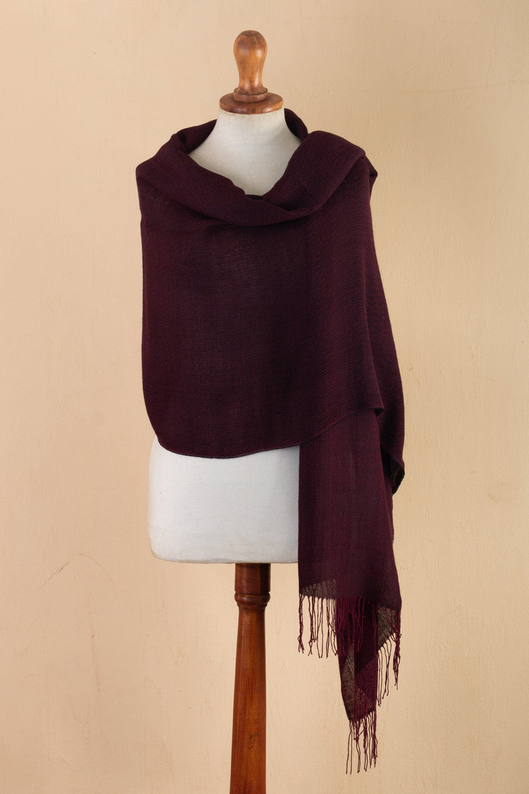 Handwoven Geometric 100% Alpaca Shawl with Fringes - Burgundy Diamonds