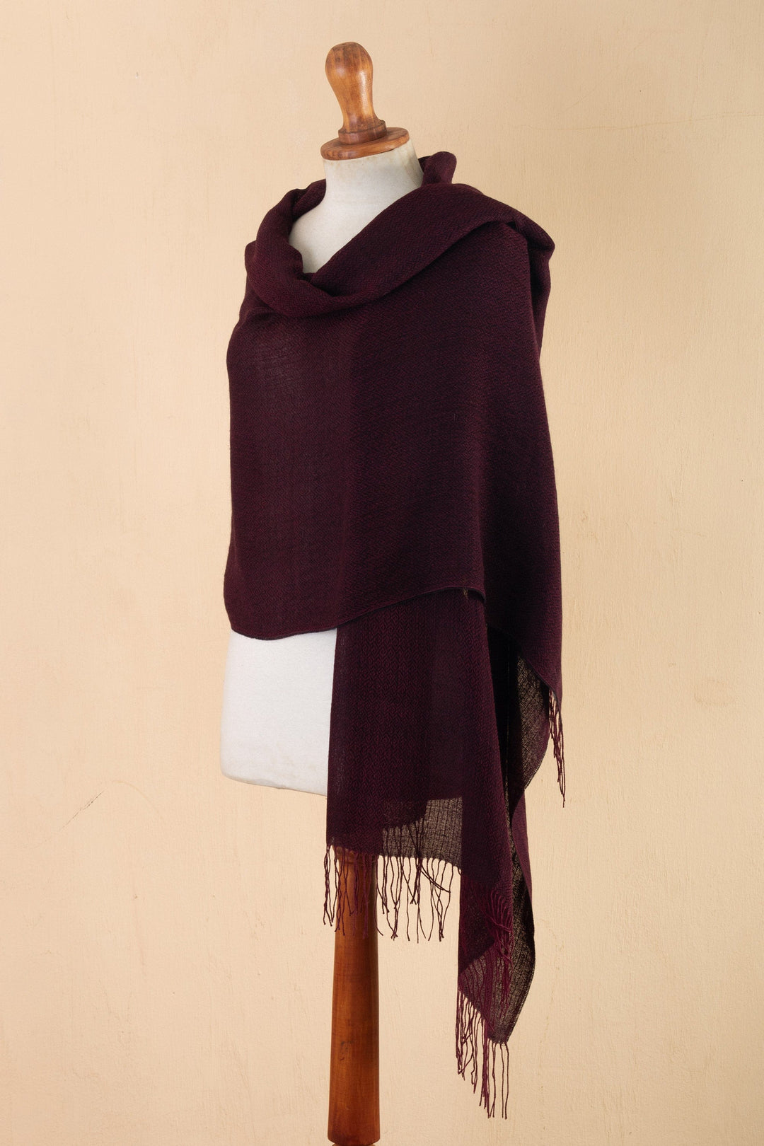 Handwoven Geometric 100% Alpaca Shawl with Fringes - Burgundy Diamonds