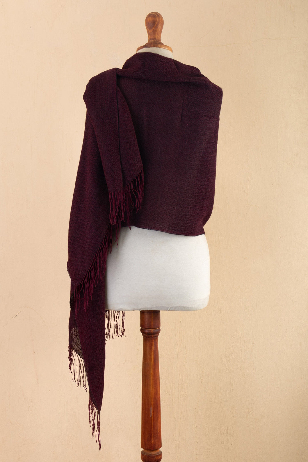 Handwoven Geometric 100% Alpaca Shawl with Fringes - Burgundy Diamonds