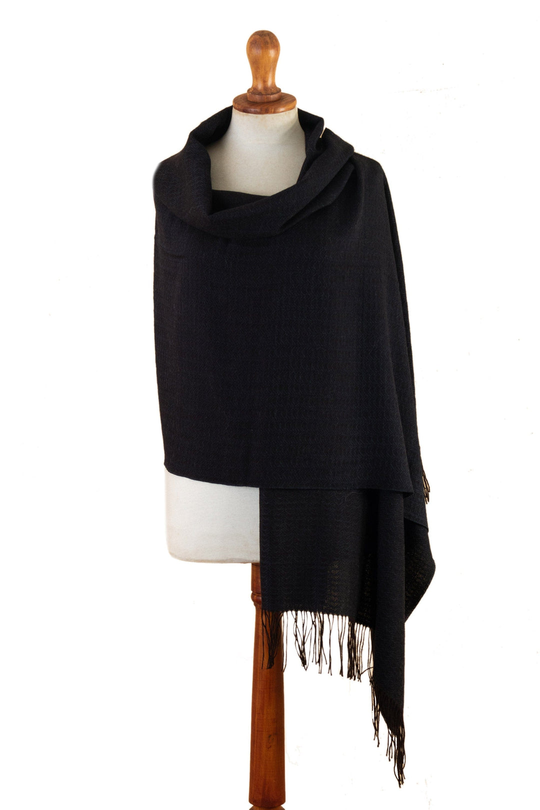 Handwoven Black 100% Alpaca Shawl with Fringes - Elegant Waves