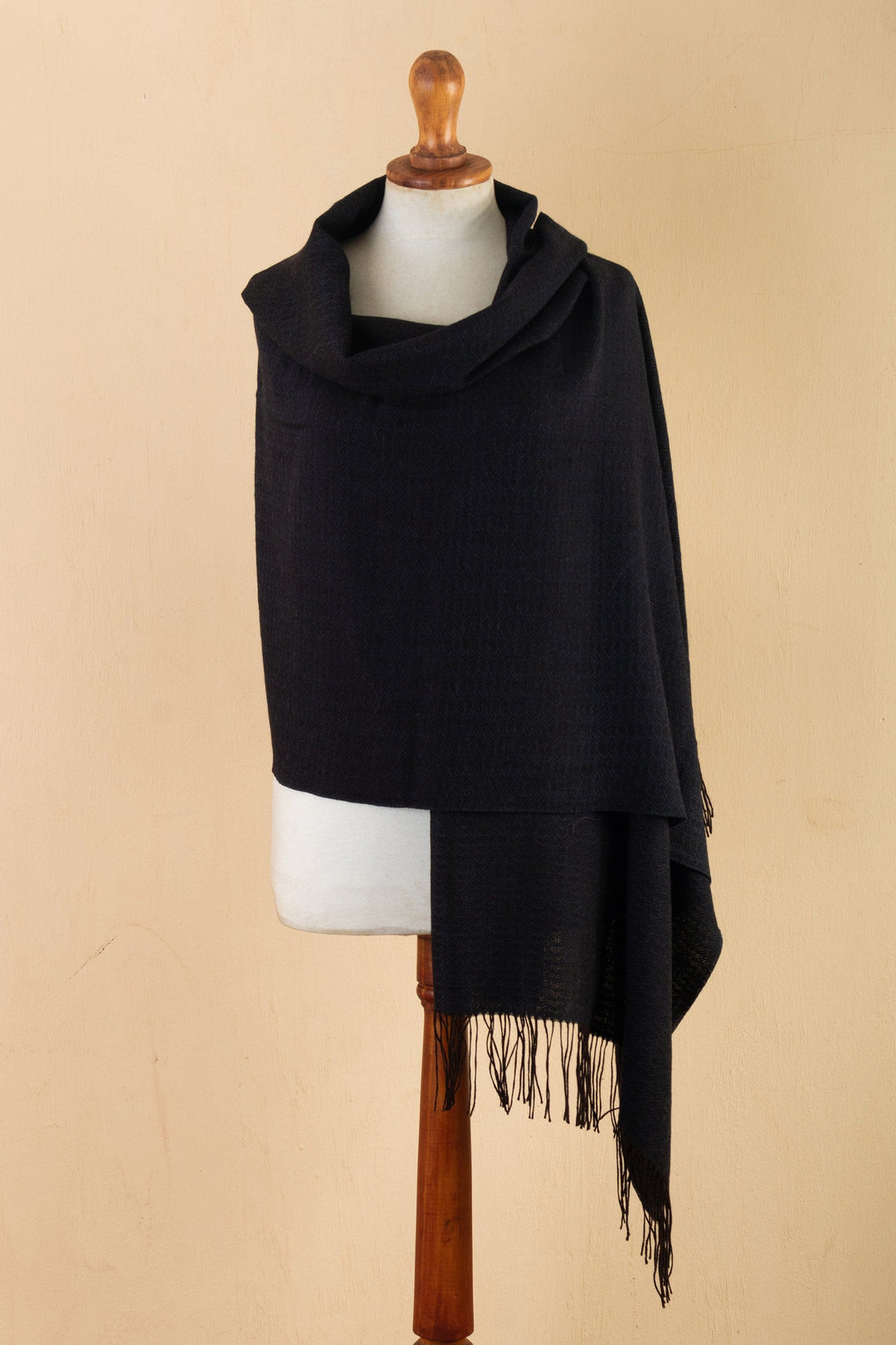Handwoven Black 100% Alpaca Shawl with Fringes - Elegant Waves