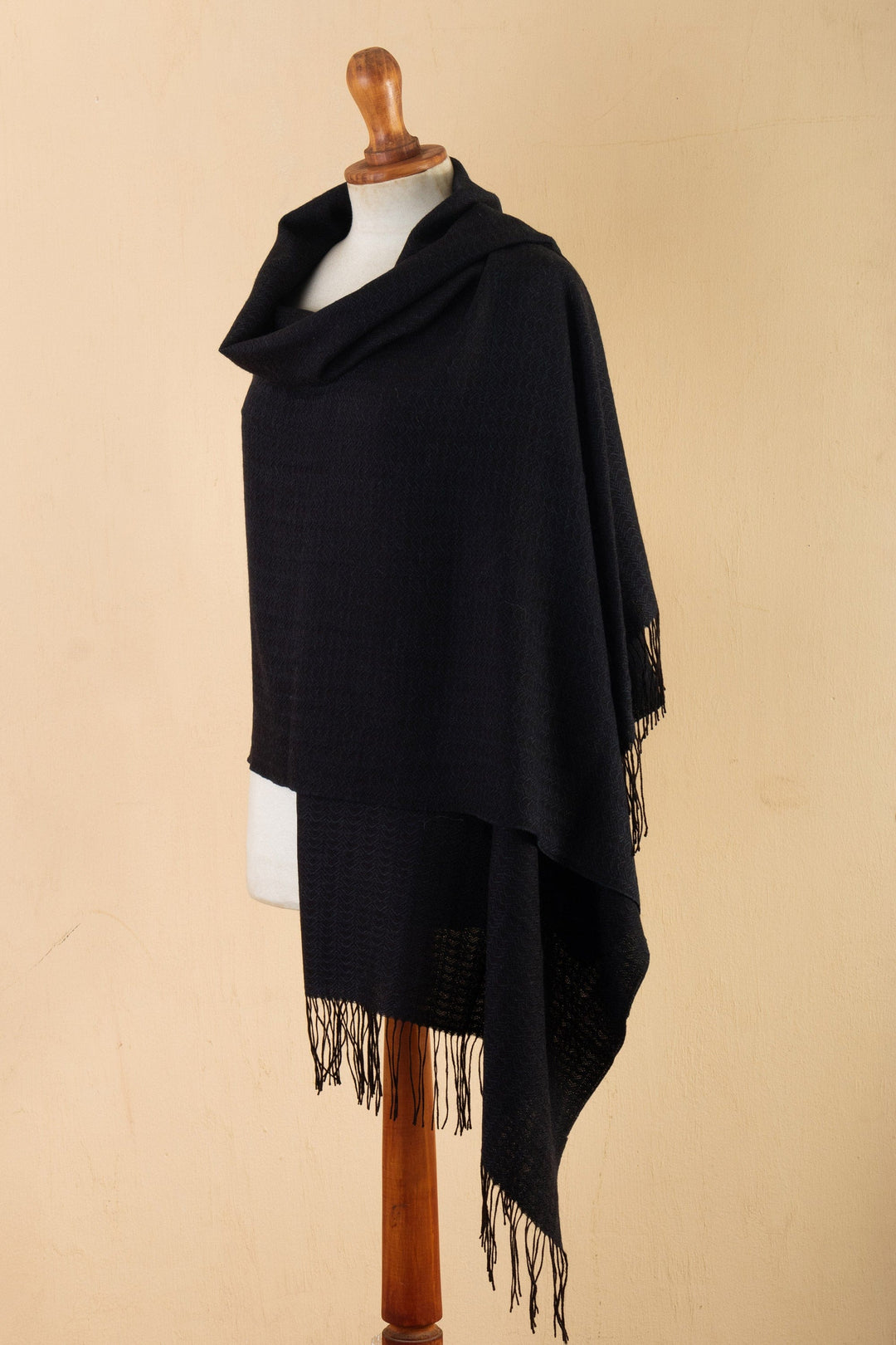 Handwoven Black 100% Alpaca Shawl with Fringes - Elegant Waves