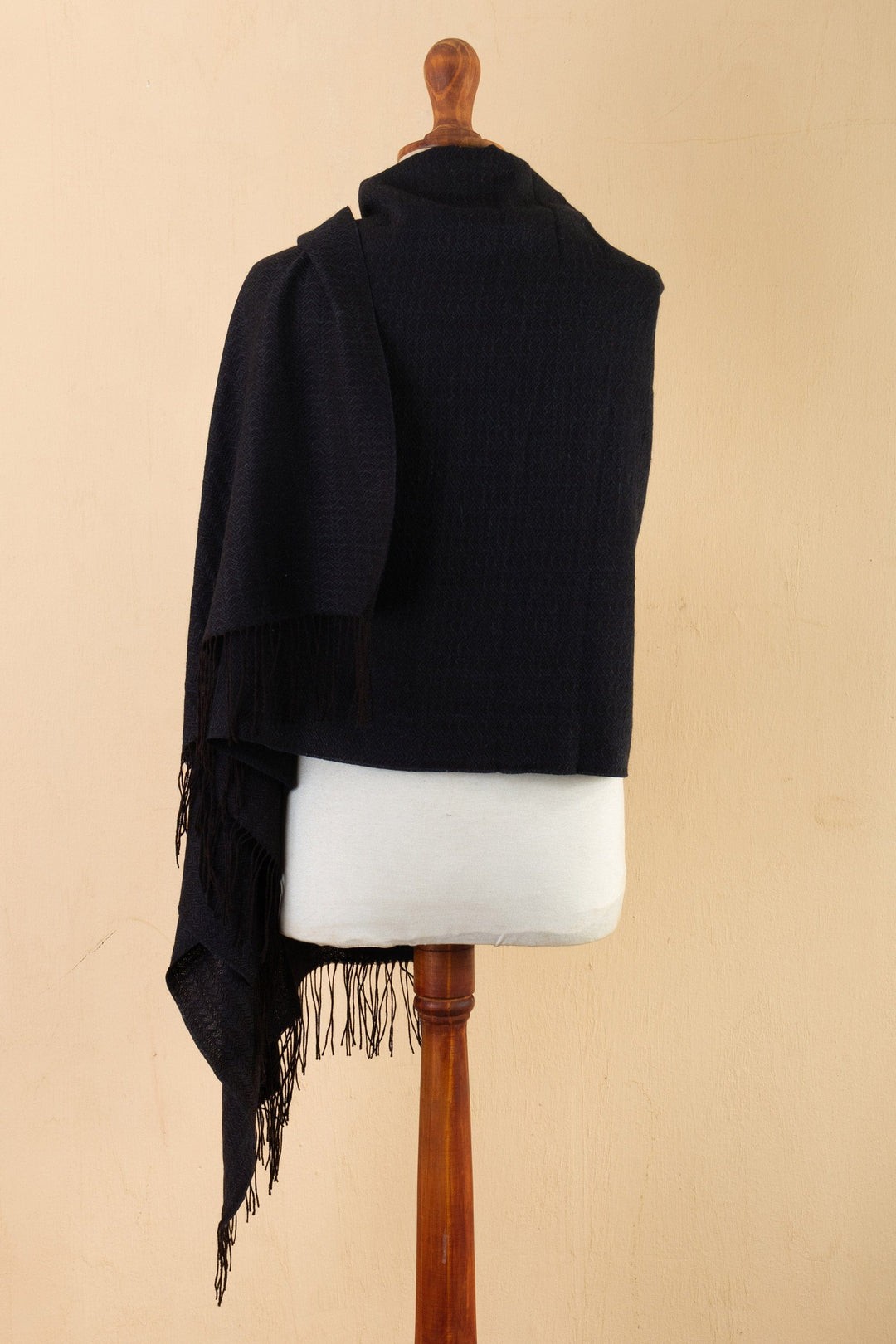 Handwoven Black 100% Alpaca Shawl with Fringes - Elegant Waves