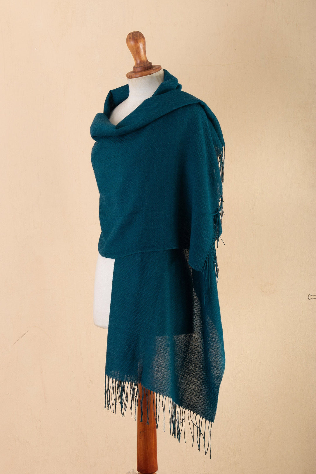Handwoven Teal 100% Alpaca Shawl from Peru - Teal Saga