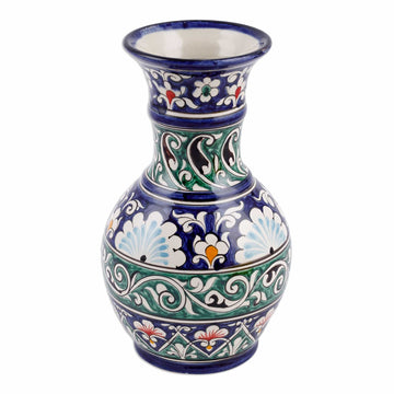 Floral Blue and Green Glazed Ceramic Center-Choke Vase - Blue Empyrean