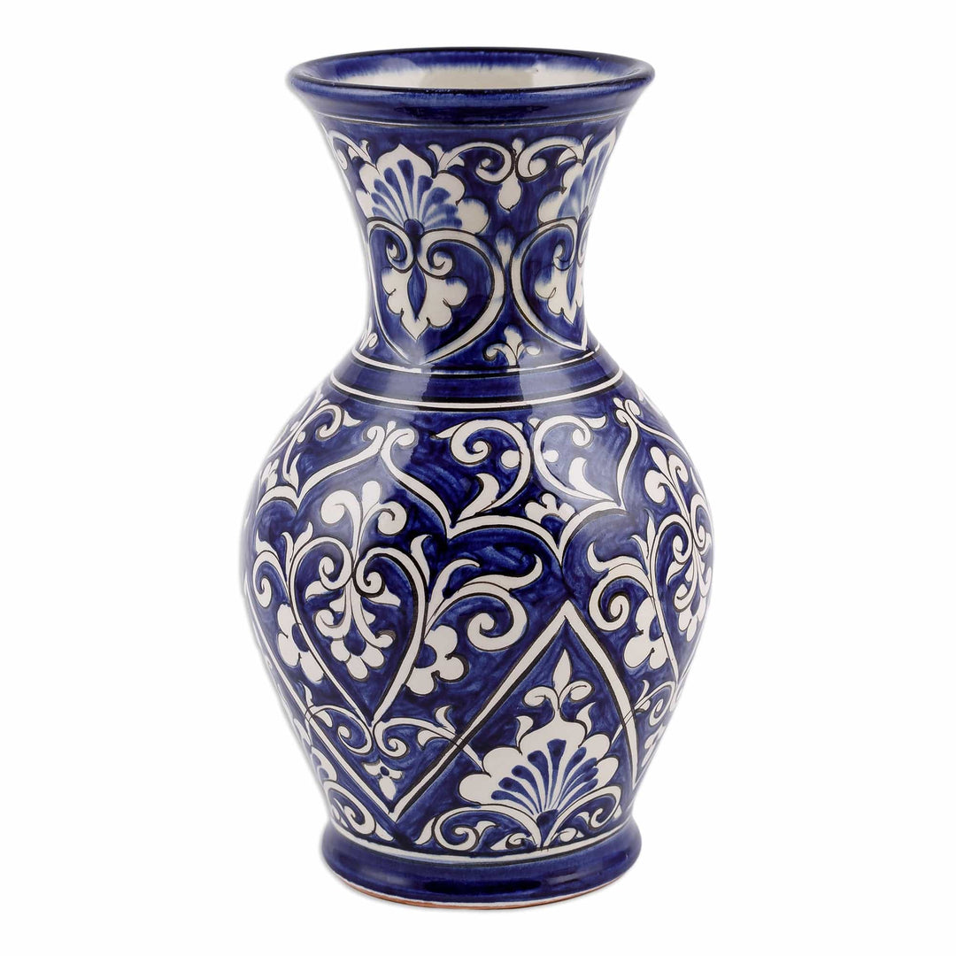 Baroque-Inspired Blue and White Leafy Glazed Ceramic Vase - The Magic Palace
