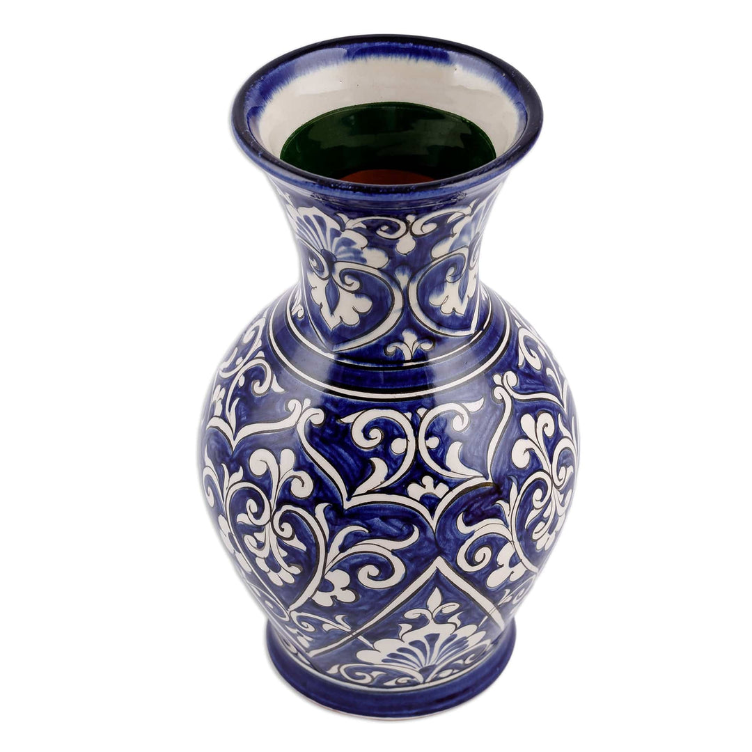 Baroque-Inspired Blue and White Leafy Glazed Ceramic Vase - The Magic Palace