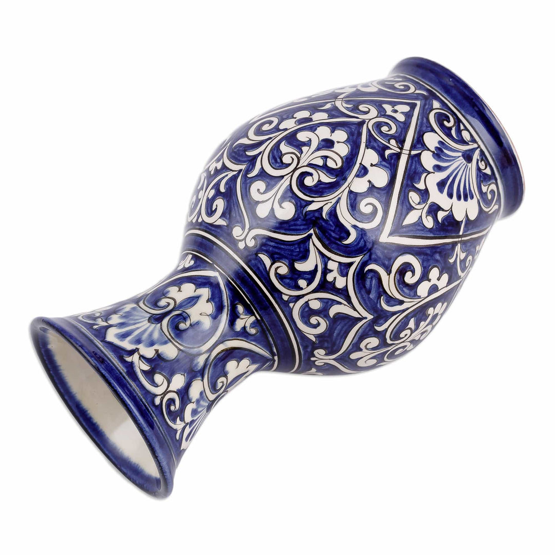 Baroque-Inspired Blue and White Leafy Glazed Ceramic Vase - The Magic Palace