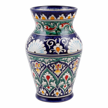 Uzbekistan Blue and Green Glazed Ceramic Bouquet Vase - Rishtan Heritage