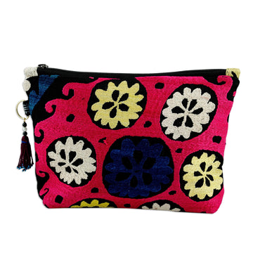Hand-Embroidered Cotton Toiletry Case with Floral Theme - Floral Delight