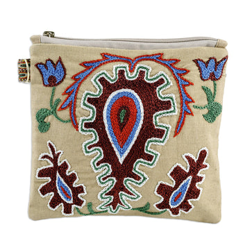 Uzbek Cotton Cosmetic Bag with Hand Embroidered Motifs - Precious Beauty