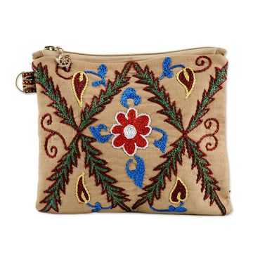 Uzbek Hand-Embroidered Cotton Floral and Leaf Toiletry Case - Precious Garden