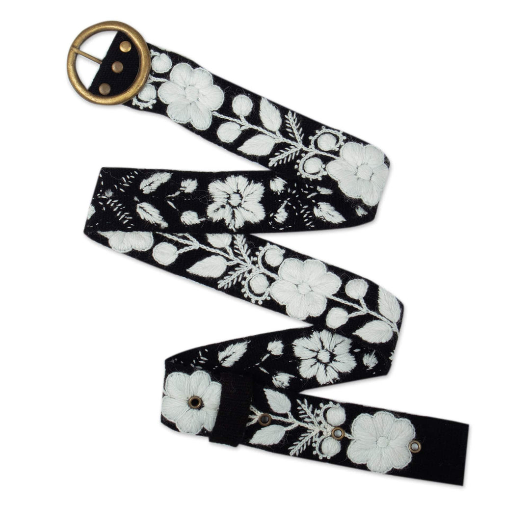 Black & White Hand-Woven & Hand-Embroidered Floral Wool Belt - White Flowers