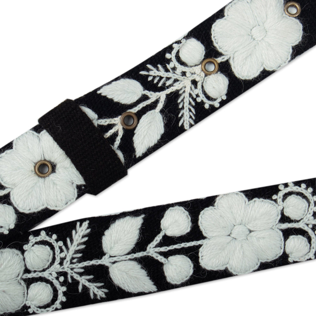 Black & White Hand-Woven & Hand-Embroidered Floral Wool Belt - White Flowers