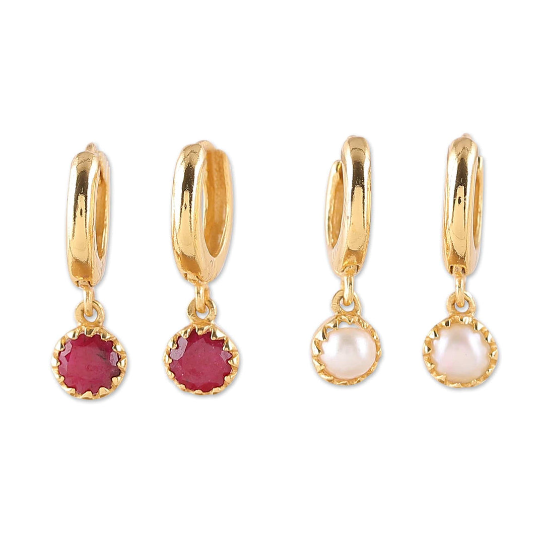Set of 2 Gold-Plated Dangle Earrings with Ruby or Pearls - Romance & Sea