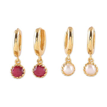 Set of 2 Gold-Plated Dangle Earrings with Ruby or Pearls - Romance & Sea