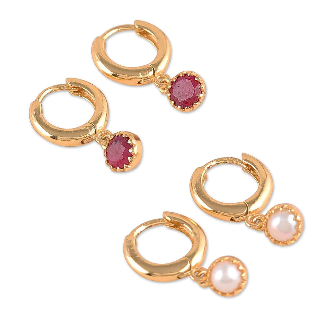 Set of 2 Gold-Plated Dangle Earrings with Ruby or Pearls - Romance & Sea