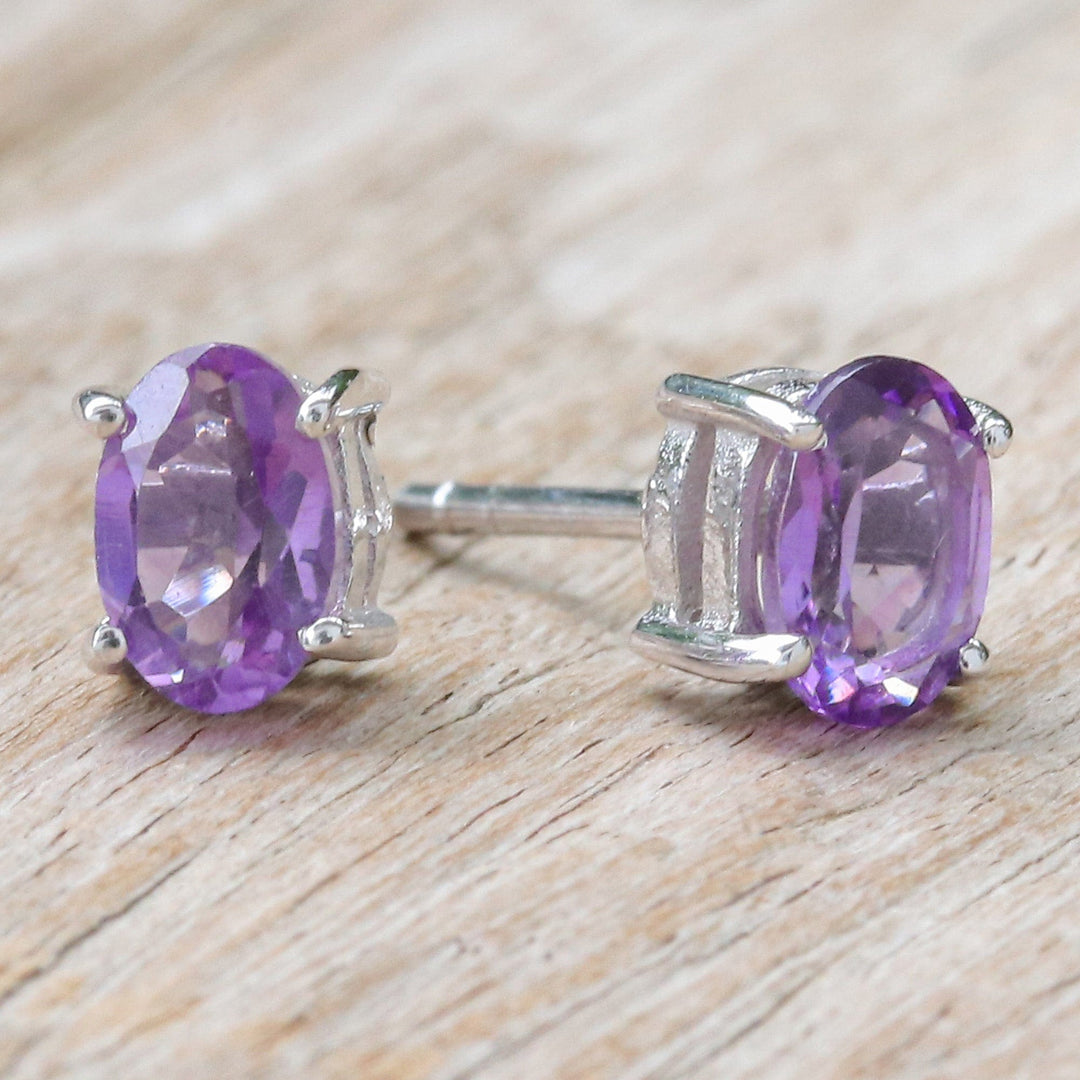 Sterling Silver Stud Earrings with Faceted Amethyst Gems - Wisdom Maiden
