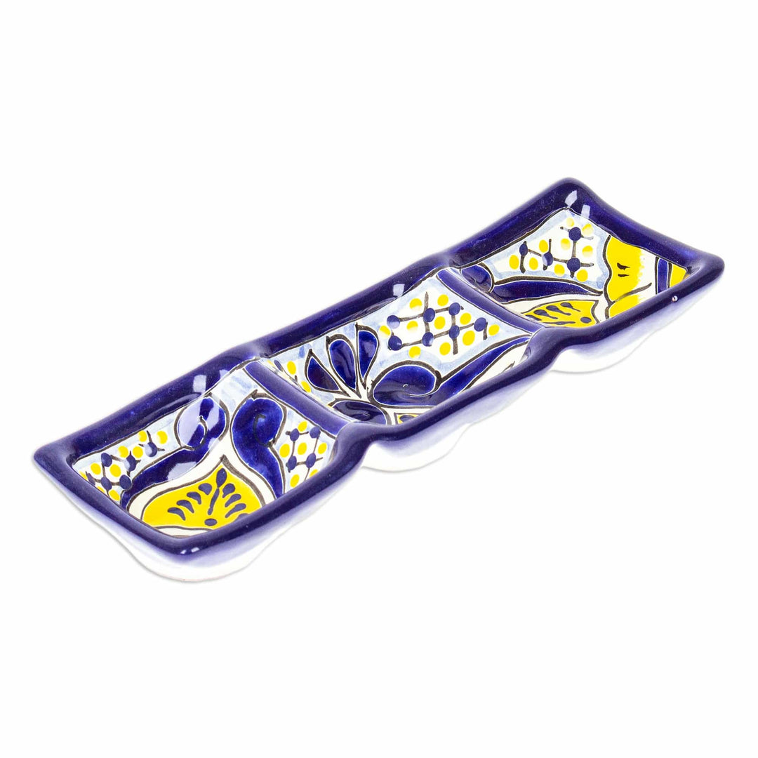 Talavera Blue and Yellow Ceramic Triple Condiment Dish - Yellow Blooms
