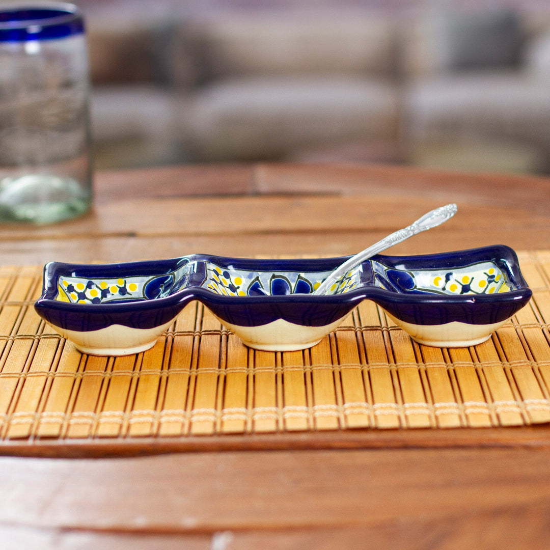 Talavera Blue and Yellow Ceramic Triple Condiment Dish - Yellow Blooms