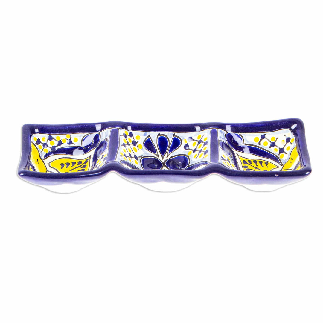 Talavera Blue and Yellow Ceramic Triple Condiment Dish - Yellow Blooms