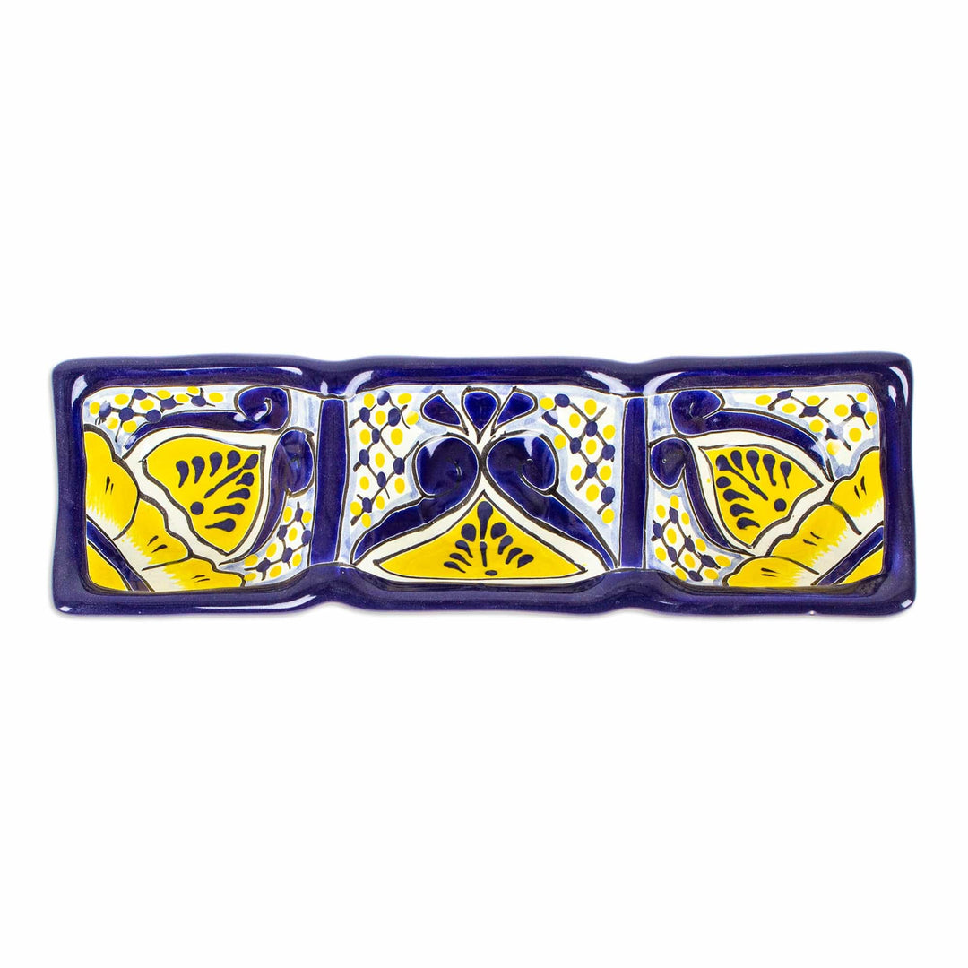 Talavera Blue and Yellow Ceramic Triple Condiment Dish - Yellow Blooms