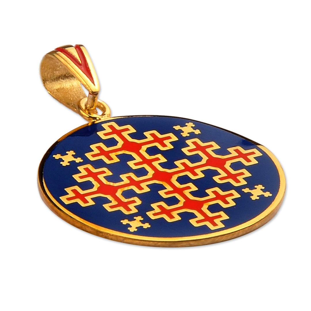 Armenian Embroidery-Themed Gold-Plated Enamel Pendant - Marash Inspiration