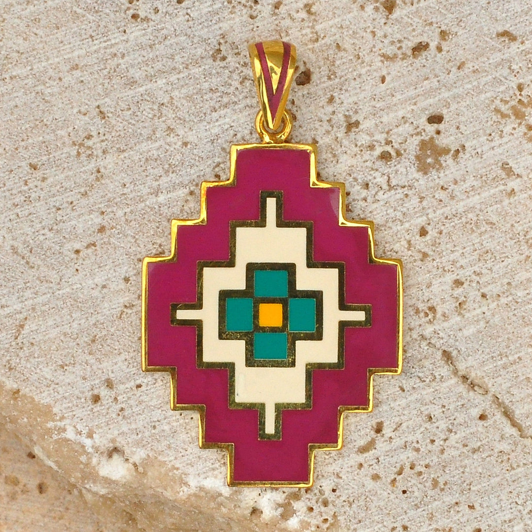 Armenian Classic Carpet-Themed Gold-Plated Enamel Pendant - Artsakh Inspiration