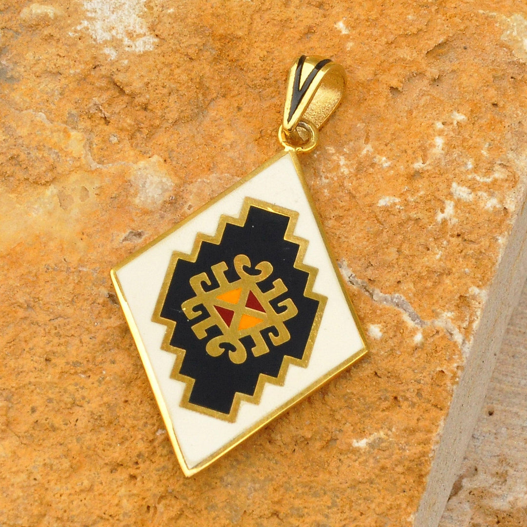 Gold-Plated Enamel Pendant with Armenian Carpet Motif - Vishapagorg Inspiration