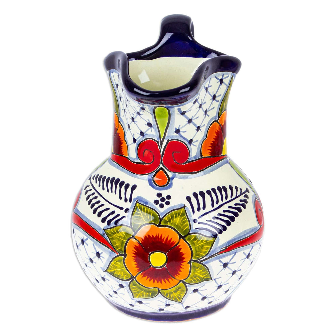 Painted Talavera Style Ceramic Pitcher in Blue and Red - Marvelous Flowers