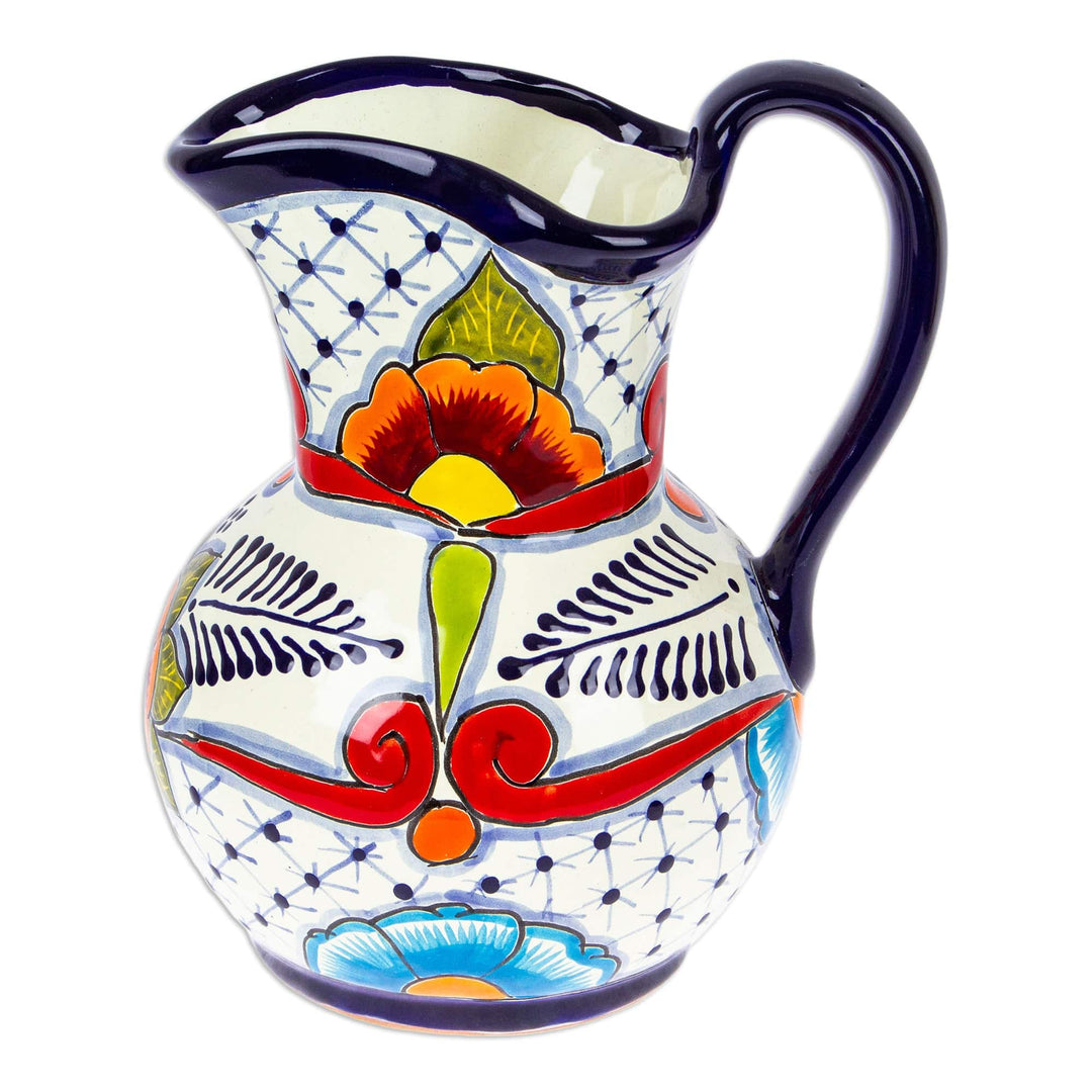 Painted Talavera Style Ceramic Pitcher in Blue and Red - Marvelous Flowers