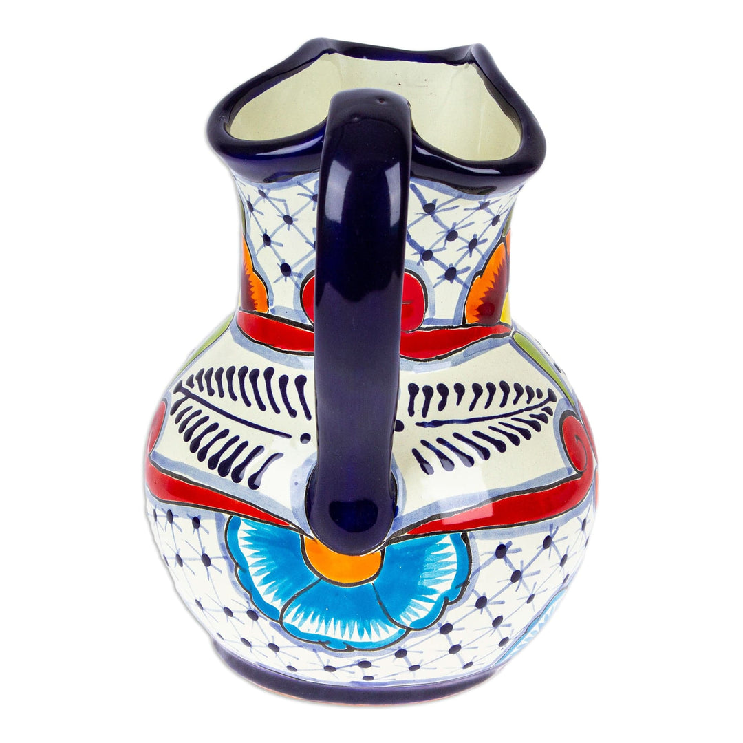 Painted Talavera Style Ceramic Pitcher in Blue and Red - Marvelous Flowers