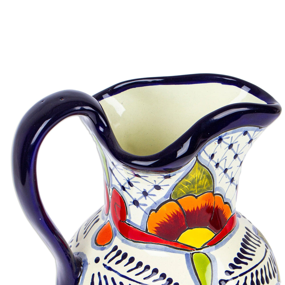 Painted Talavera Style Ceramic Pitcher in Blue and Red - Marvelous Flowers