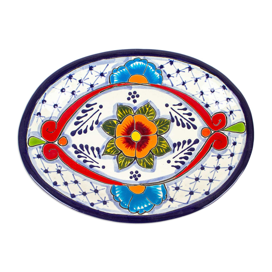 Mexican Talavera Style Ceramic Serving Plate in Blue and Red - Marvelous Flowers