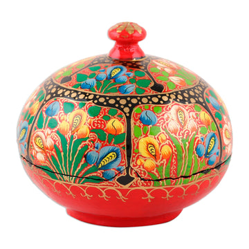Hand-Painted Red Wood and Papier Mache Floral Decorative Box - The Secret Garden