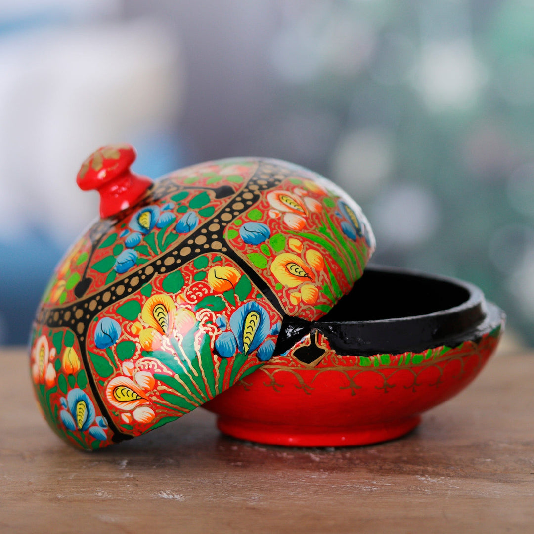 Hand-Painted Red Wood and Papier Mache Floral Decorative Box - The Secret Garden
