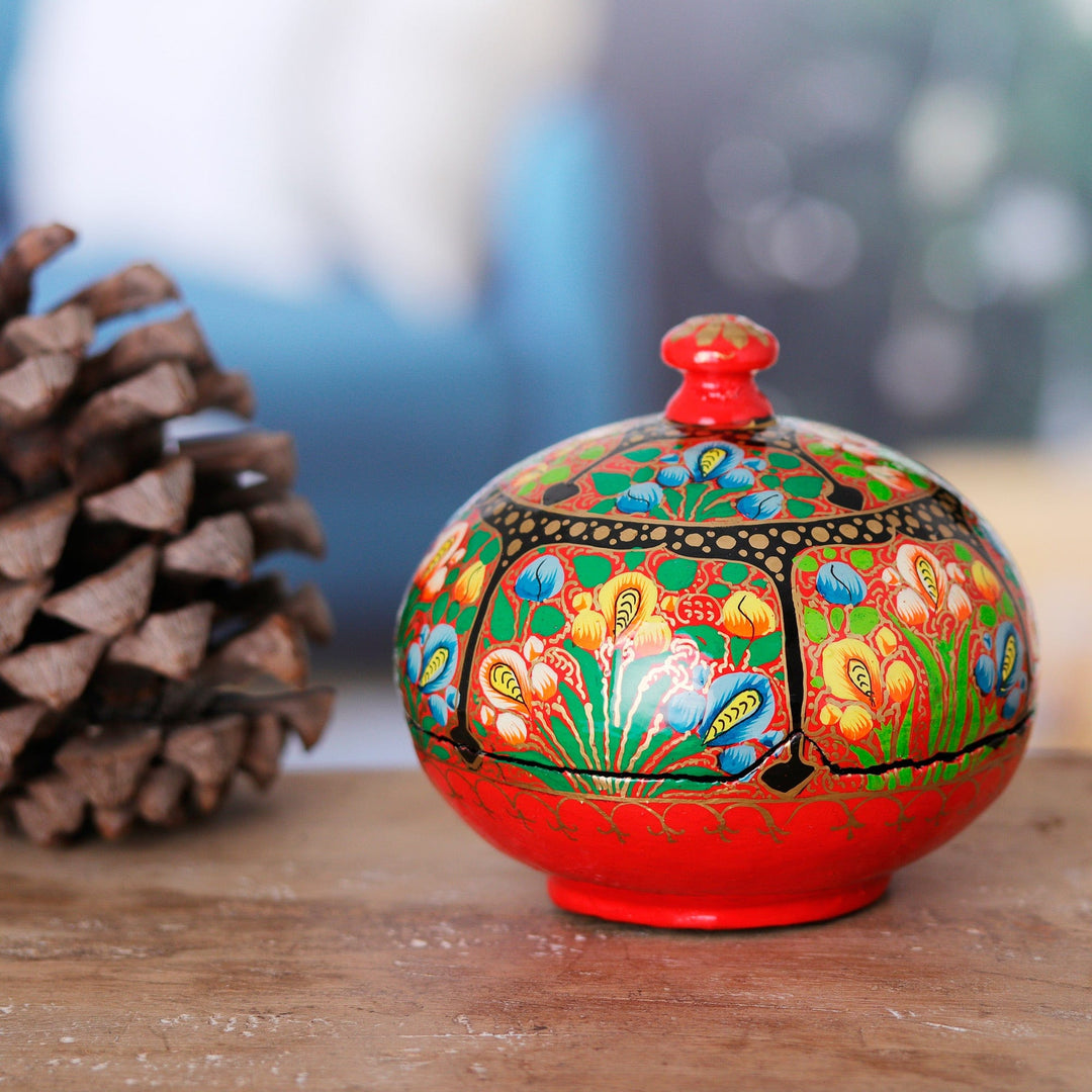 Hand-Painted Red Wood and Papier Mache Floral Decorative Box - The Secret Garden