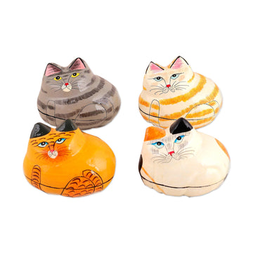 4 Lacquered Hand-Painted Papier Mache Cat Decorative Boxes - Cozy Cats